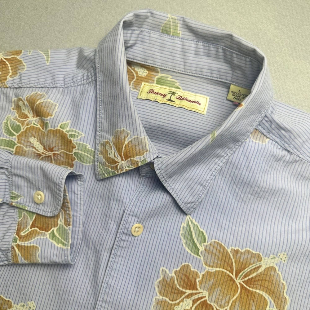 Tommy Bahama Button Front Shirt Mens L Blue Floral Pinstripe Cotton Long Sleeve